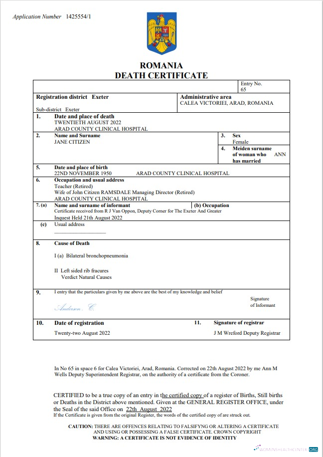 Download Romania vital record death certificate Word and PDF template Photoshop template